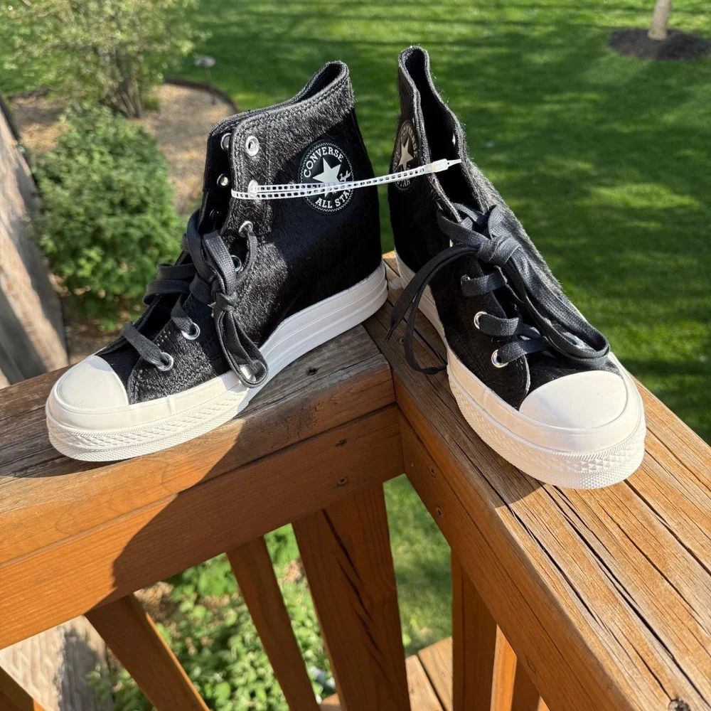 Converse Chuck 70 Wedge Womens 9 Black New Real Fur Pony Hair‎ A12561C Sneakers - Picture 2 of 10